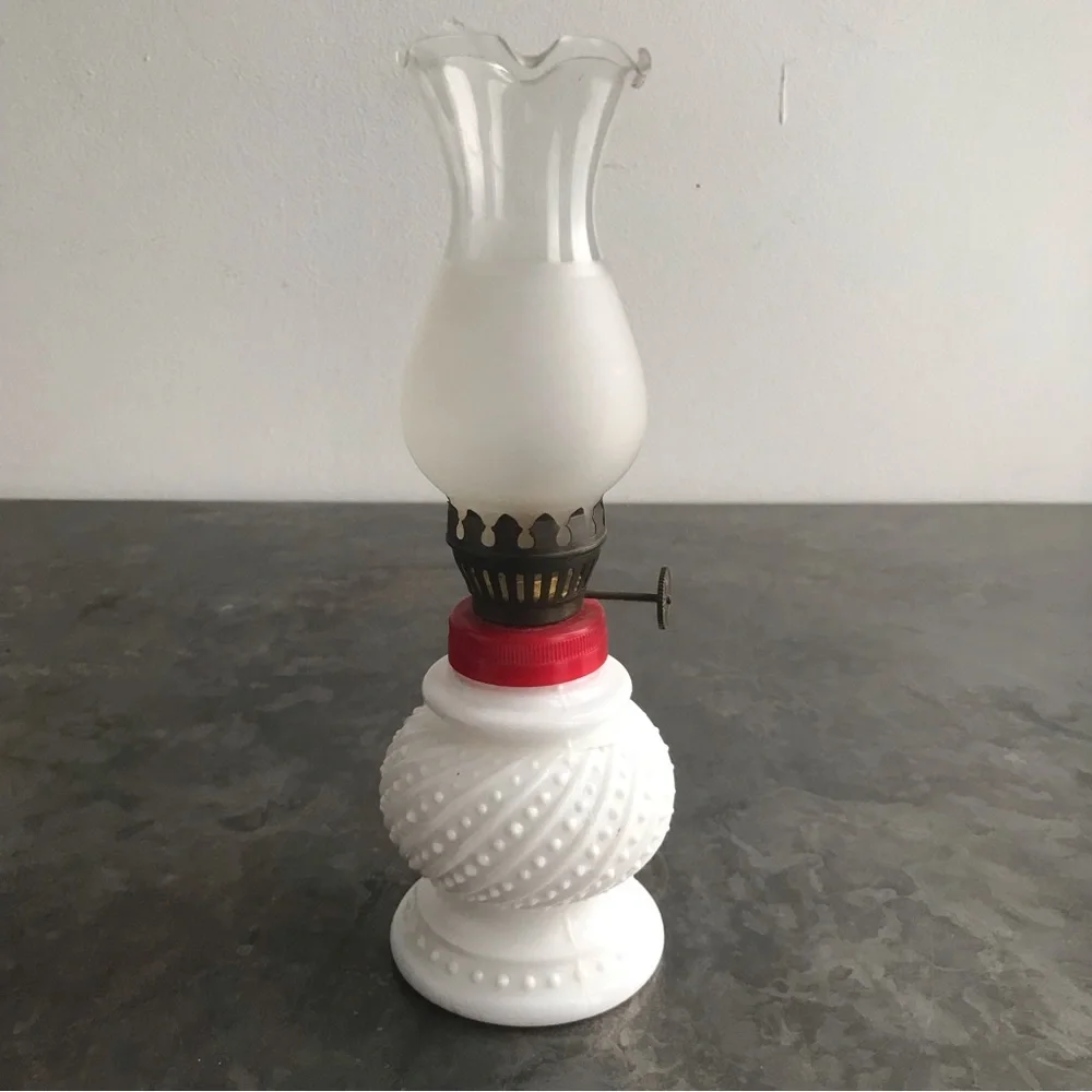 Milk glass hobnail oil lamp with chimney